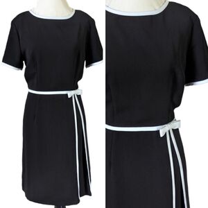 Vintage Bedford Fair Dress Black with White Piping and Bow Short Sleeve Preppy